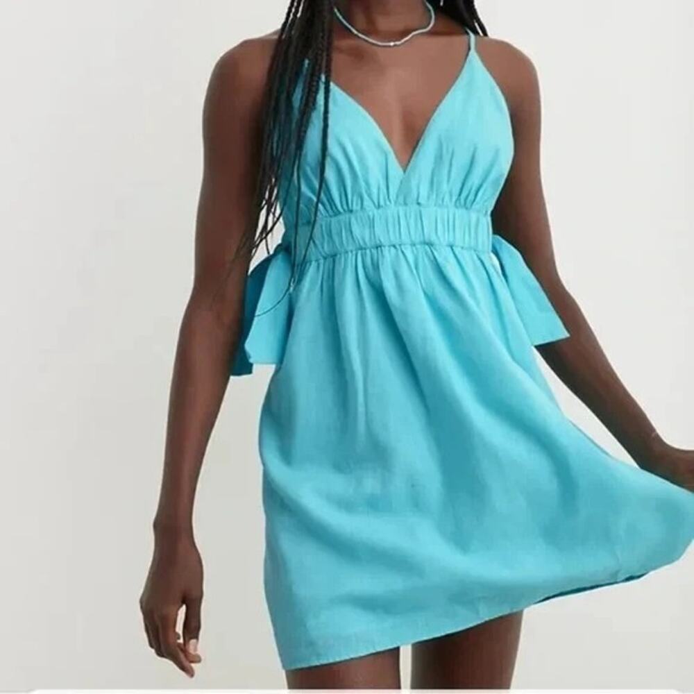 [Aerie] Blue Linen Blend Side Tie  Elastic Waist V-Neck Low Back Mini Dress XXL